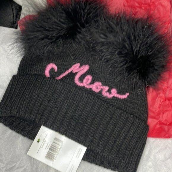 Kate Spade New York meow marabou pompom beanie black - Picture 2 of 5